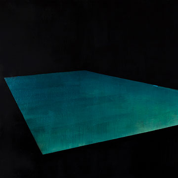 black painting with a central blue/green rectangle in perspective 